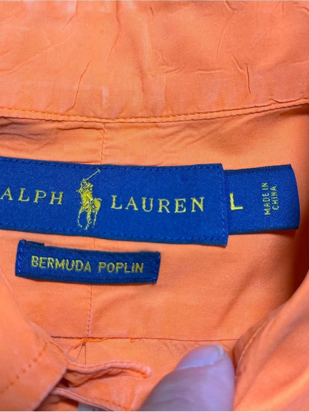 Ralph Lauren Mens Shirt Orange Large Classic Fit Bermuda Poplin Cotton Silk